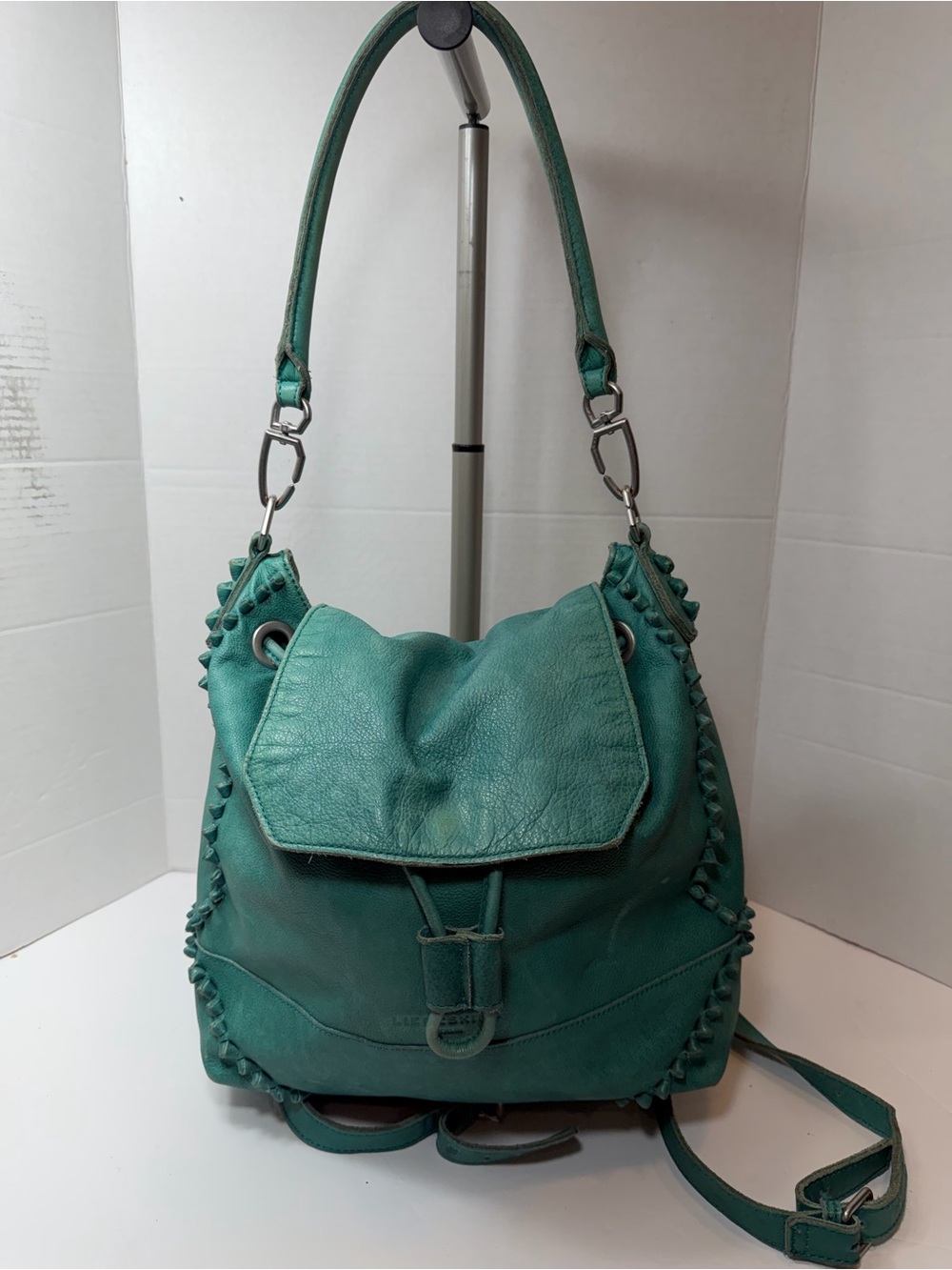 LIEBESKIND BELIN TEAL LEATHER DRAWSTRING BACKPACK PURSE WHIPSTITCH CONVERTIBLE